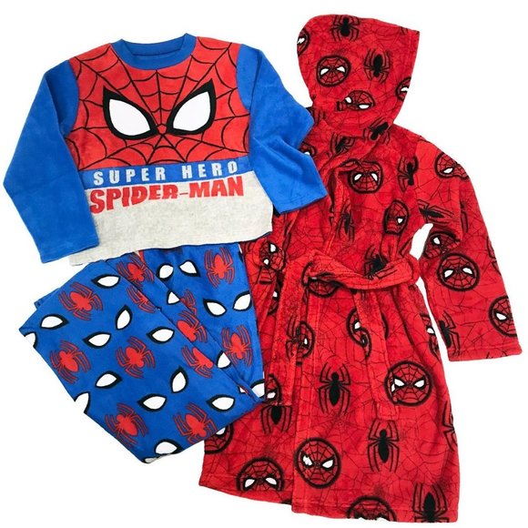 Boys Marvel SPIDER-MAN Fleece Pajamas & Hooded Robe Bathrobe Set Size 8 10  NEW - Picture 1 of 3